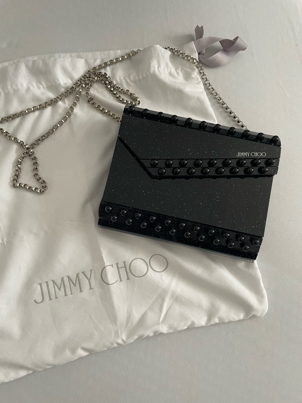 Jimmy Choo Candy Black Glitter Studded Clutch Crossbody Chain Bag